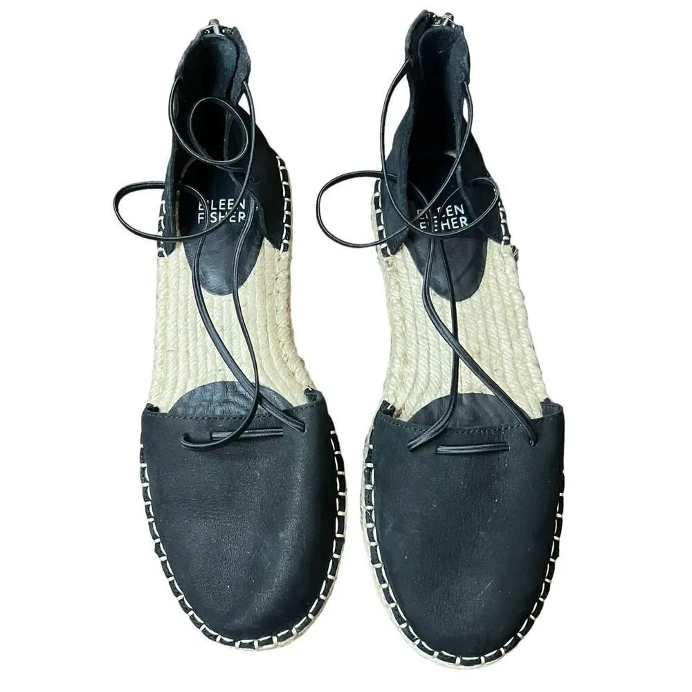 Eileen Fisher Lee Espadrille Flats in Black Leather NWOB Size 6